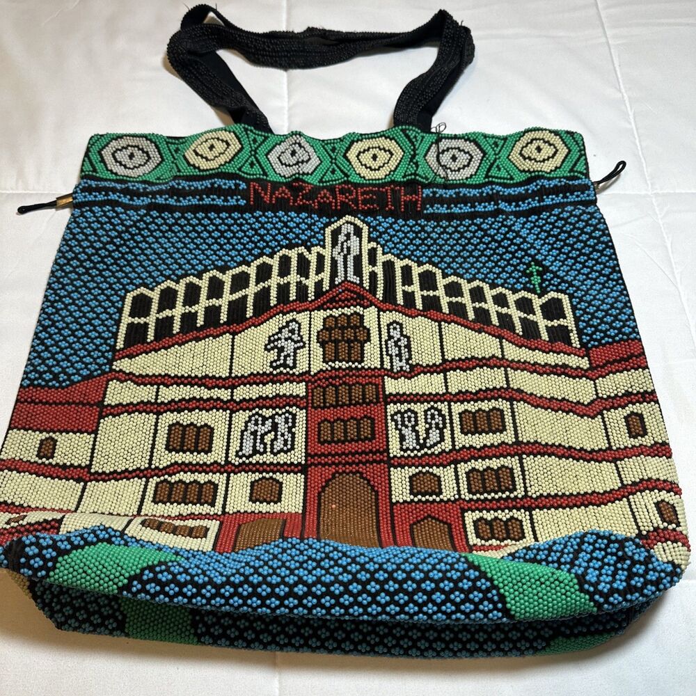 Vintage Nazareth All Beaded Drawstring Lined Souvenir Holy Land Tote Handbag